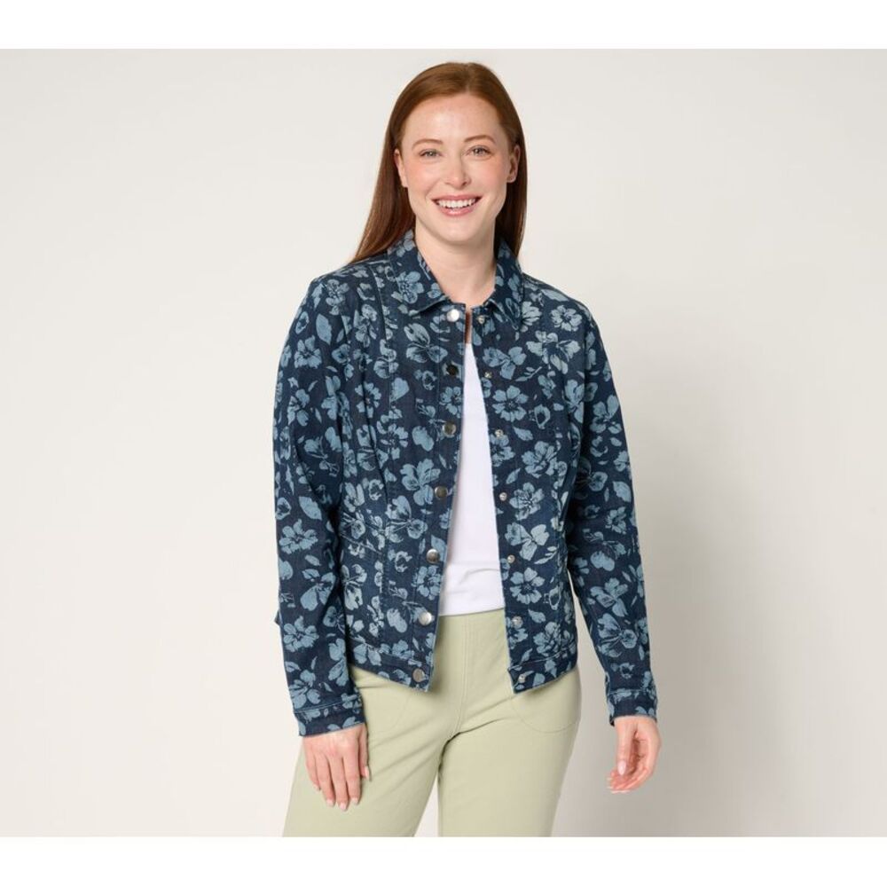 Quacker Factory Women's Plus Sz Jacket 3X Floralicious Snap Front Blue